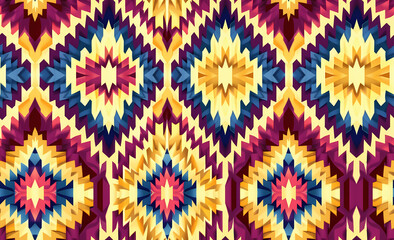 Geometric seamless tribal ikat pattern in vibrant colors with a layered textile inspired background design