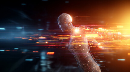 Colossal Basaltic Human Fused with Glowing AI Code and Data Flowing Data