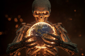 Apocalyptic Chrome Skeleton with Glowing Eyes and Burning Globe