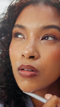 Thinking, vision and business woman in office for reflection, problem solving and idea. Perspective, brainstorming and remember with face of person in agency for inspiration, opportunity and mindset