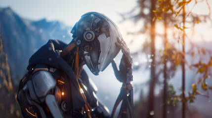 Cyberpunk Biomechanical Android Lost in Existential Thoughts