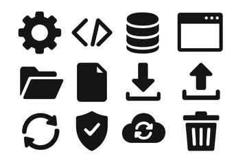 Solid Software Icons. Solid style icons of computer software: settings gear, code brackets, database, window tabs, folder open,
