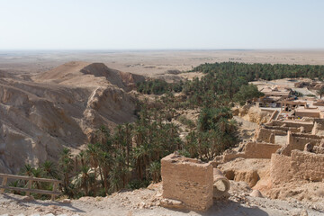 Aerial view of Chebika oasis and old village. Tunisia