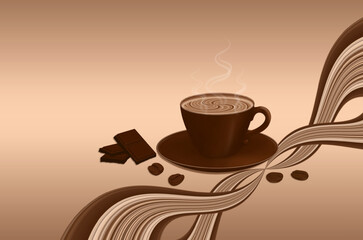 Vector illustration of a coffee cup, coffee beans, and chocolate pieces with abstract coffee and milk lines isolated. Suitable for banners, posters, websites, wallpapers and backgrounds.