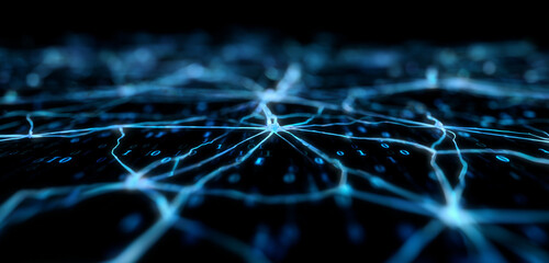 Glowing Neural Network Core with Blue-White Synapses in Darkness