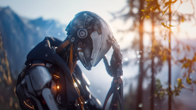 Cyberpunk Biomechanical Android Lost in Existential Thoughts