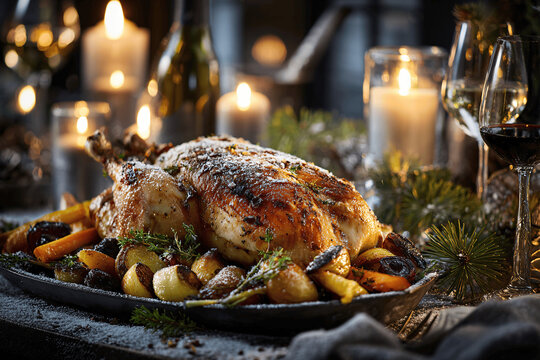 Golden truffled roasted French capon in chic snowy alpine chalet