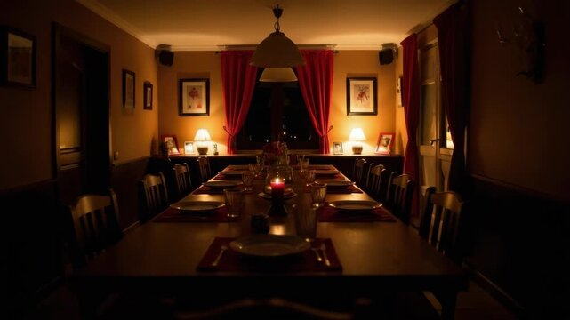 Cozy evening dining room with warm lighting and elegant table setup
