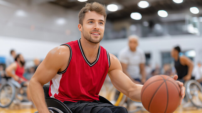 Young athletic man in a red sports jersey is playing wheelchair basketball, showcasing determination and skill in an indoor gym environment with teammates in the background - Powered by Adobe
