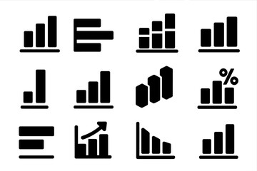 Solid Bar Graph Icons. Solid style icons of bar graphs: vertical bar chart, horizontal bar chart, stacked bar chart, grouped bar