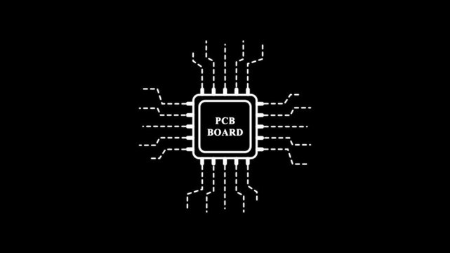 PCB board icon with dashed circuit lines on black background . technology loading animation with processor icon shape.