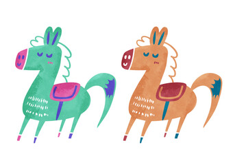 ポップでかわいい馬の手描き風水彩イラストセット