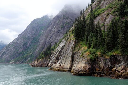 Majestic Cliffside View Along Tracy Arm Fjord, Alaska: A Breathtaking Fusion of Mountain, Sea, and Sky