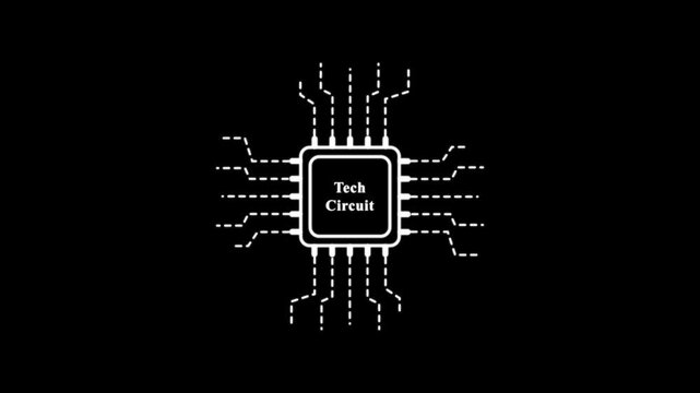 Tech circuit icon with dashed lines on black background . technology loading animation with processor icon shape.