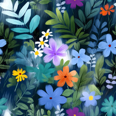 Seamless vibrant floral pattern with glowing orange and yellow flowers and teal foliage on dark background