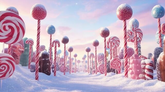 Winter wonderland of sweet candy forest with snowcovered lollipops and candy canes