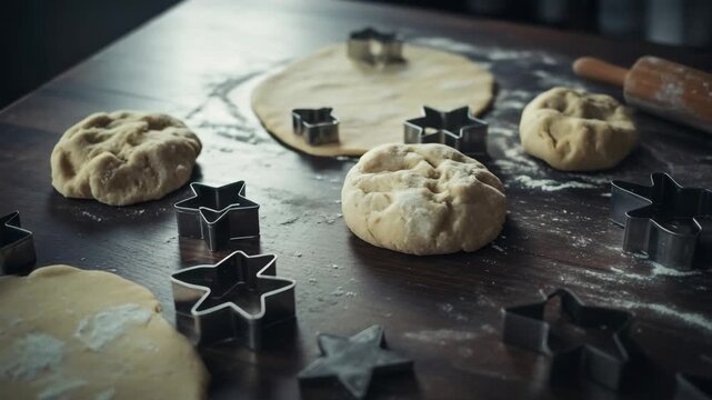 Crafting starshaped cookies: kneading dough and cutting shapes on a rustic table