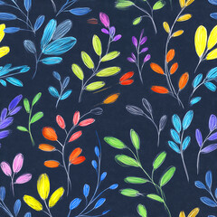 Seamless decorative leaf pattern with colorful hand sketched botanical elements on deep navy background