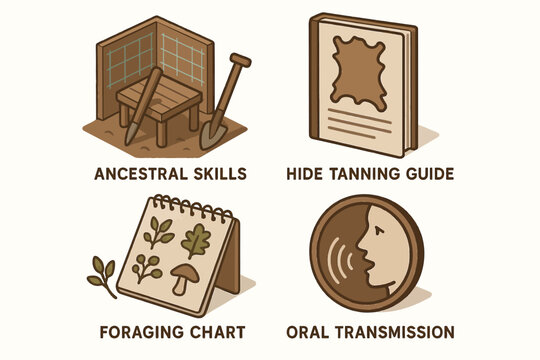 Ancestral skill tools: hide tanning, foraging, oral transmission icons