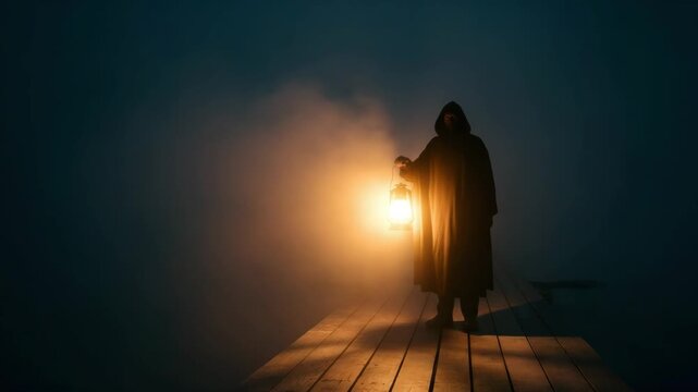 Mysterious hooded figure walking on foggy pier holding lantern in darkness