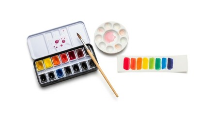 Watercolor Paint Set with Brush and Color Swatches on White Background