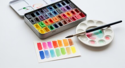 Watercolor Paint Set with Brush and Color Swatches on White Background
