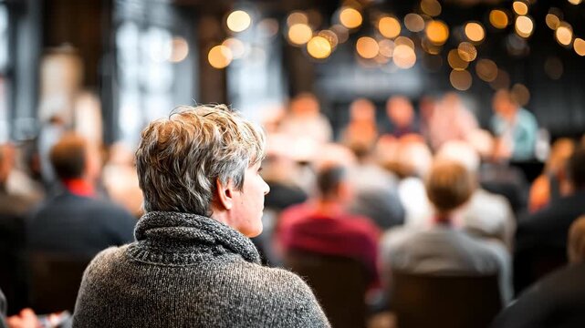 Audience In Dim Conference Hall Watching A Speaker Under Soft Warm