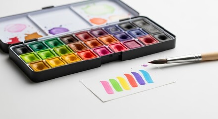 Watercolor Paint Set with Brush and Color Swatches on White Background