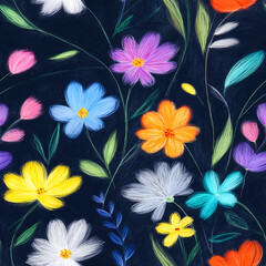 Vibrant seamless floral pattern with expressive brush strokes and colorful wildflowers on blue background