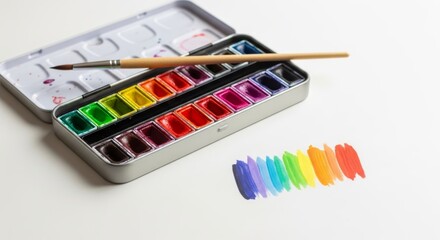 Watercolor Paint Set with Brush and Color Swatches on White Background