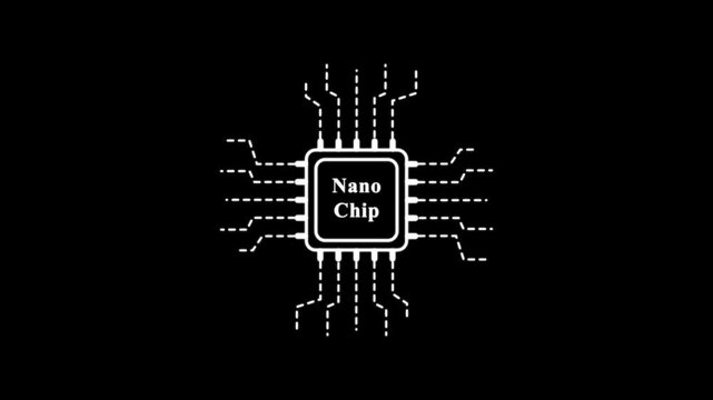 White Nano Chip Icon With Dashed Circuit Lines On Black . technology loading animation with processor icon shape.