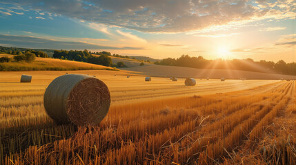 Golden farmland with hay bales illuminated by the warm evening sun. Peaceful autumn landscape ideal for agriculture, nature, or lifestyle visuals. AI-generated image