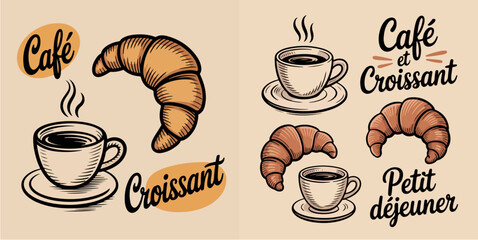 Hand Drawn Coffee and Croissant Vintage Poster Set, Retro Café Illustration Collection
