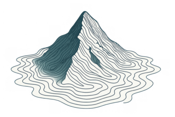 Mountain peak in water illustration with abstract contour lines, depicting nature and topography, transparent background