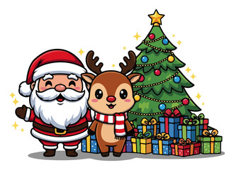 Santa and Reindeer with Christmas Tree – Cute Holiday Scene with Presents Cartoon Vector Illustration
