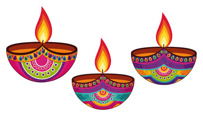 Colorful Diwali Diya Lamps Set – Bright Decorative Oil Earthenware with Flames Indian Festival Vector Illustration
