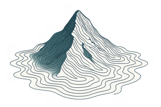 Mountain peak in water illustration with abstract contour lines, depicting nature and topography, transparent background