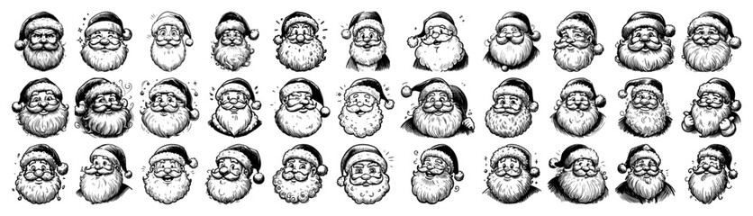 Vintage Santa Head Sketch Set – Collection of Hand-Drawn Father Christmas Faces Black Line Vector Illustration