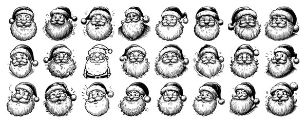 Vintage Santa Faces Set 3 – Retro Christmas Head Icons Black Line Art Vector Illustration