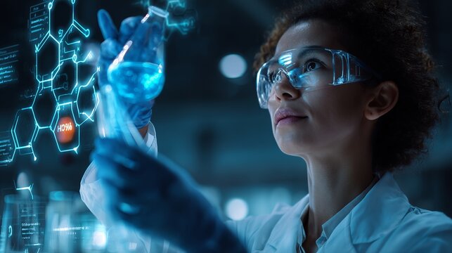Dedicated scientist meticulously analyzes glowing blue liquid in advanced laboratory, surrounded by holographic molecular structures, revealing scientific discovery.