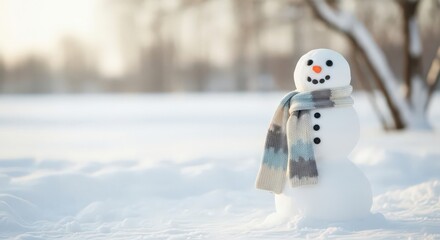 Snowman wearing a scarf standing in snow during winter sunlight  