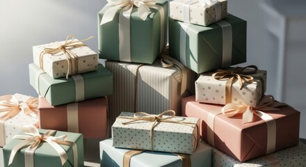 Assorted gift boxes stacked elegantly with ribbons in soft daylight  
