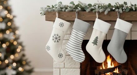 Cozy Christmas stockings hanging on fireplace mantel with tree background  