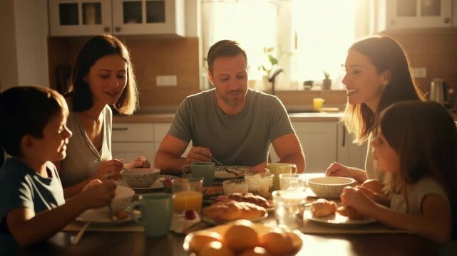 Morning family breakfast gathering in a sunlit kitchen