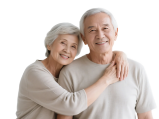 An elderly couple with gray hair, wearing casual clothes, showing love and companionship with a happy expression.
