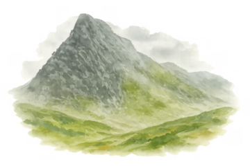 Watercolor mountain landscape with green hills and cloudy peaks, artistic nature painting, transparent background