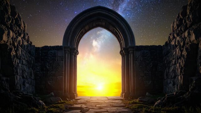 Ancient stone archway frames cosmic sunset illuminating a stone path in a fantasy landscape at night.