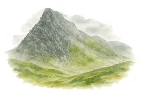 Watercolor mountain landscape with green hills and cloudy peaks, artistic nature painting, transparent background