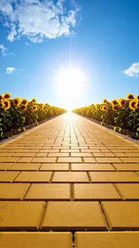 Golden brick road bordered by sunflowers, under a bright blue sky leading towards a distant radiant light source on sunny day.