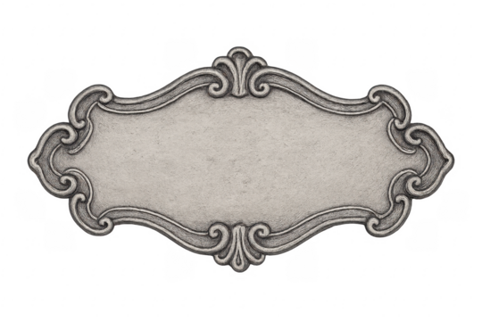 Ornate silver metal decorative frame label on transparent background